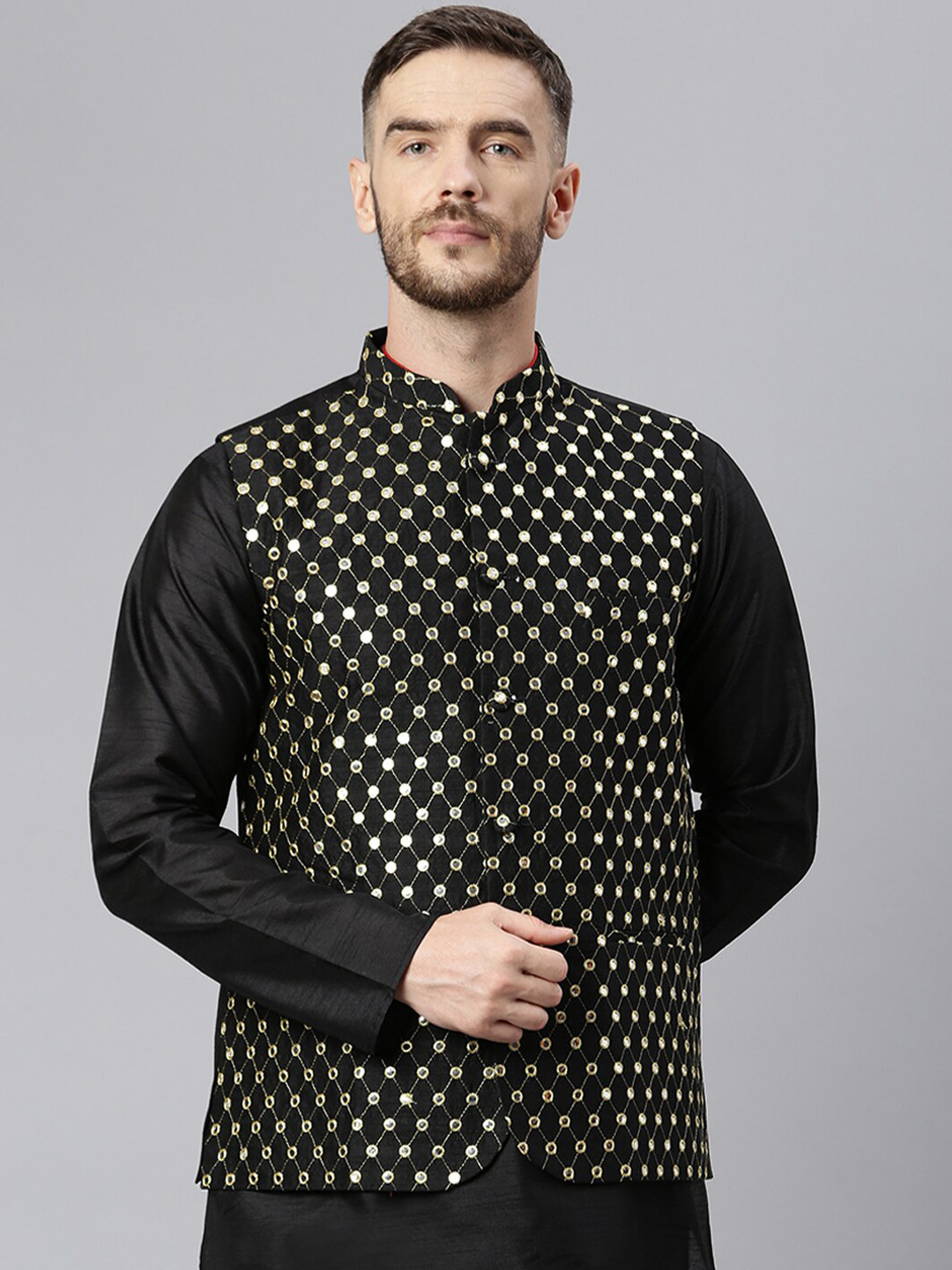 

Hangup Men Black & Gold-Coloured Embroidered Woven Nehru Jacket