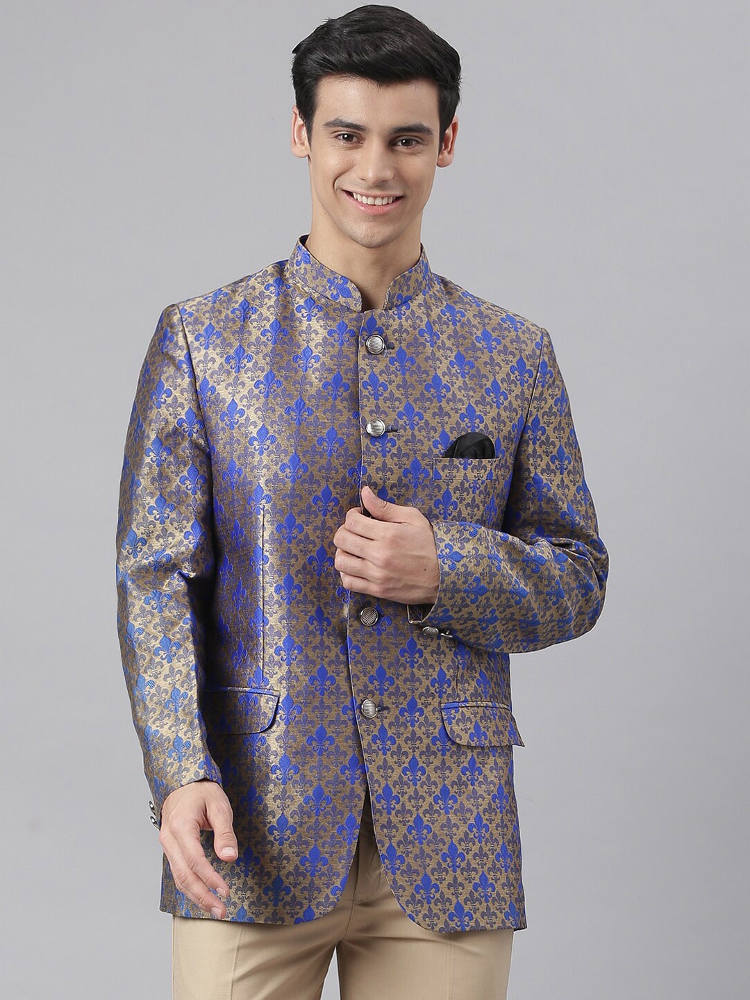 

Hangup Men Blue & Gold-Coloured Self Design Single-Breasted Regular-Fit Bandhgala Blazer