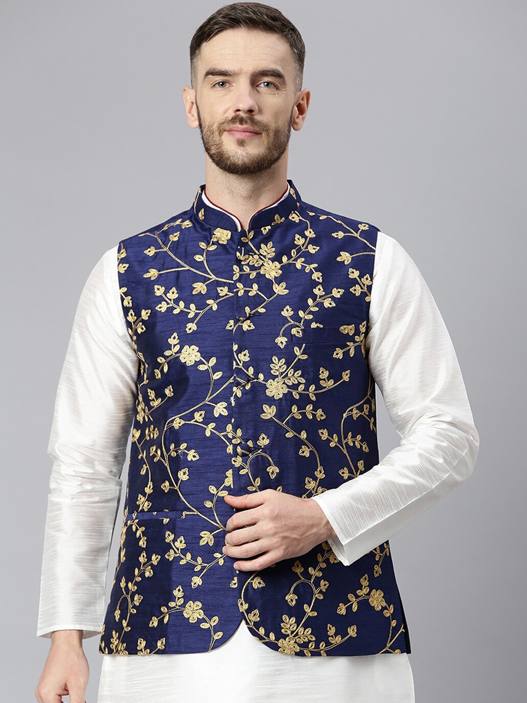 

Hangup Men Navy Blue & Gold-Coloured Embroidered Woven Nehru Jacket