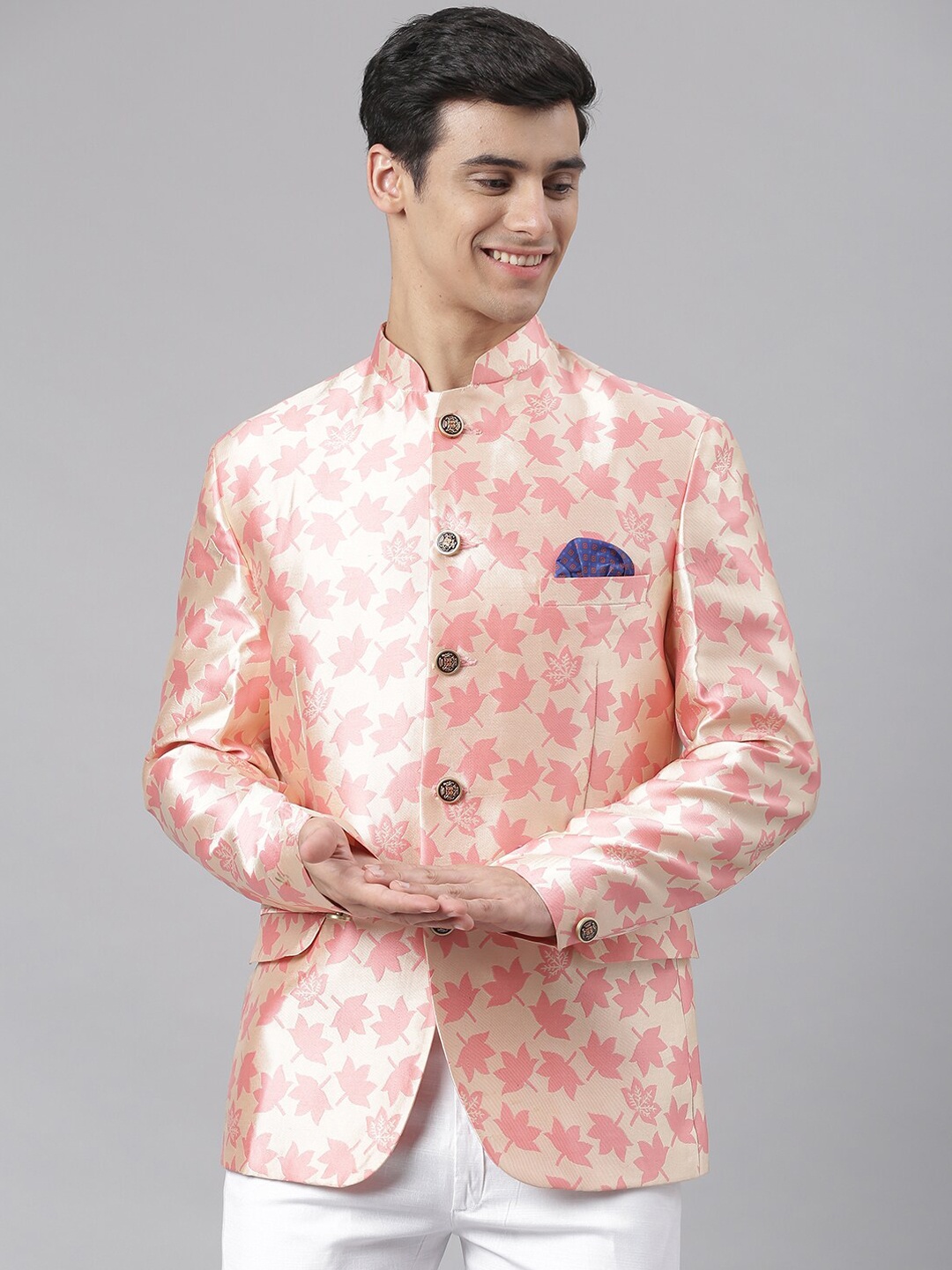 

Hangup Men Pink & Peach-Coloured Printed Single-Breasted Bandhgala Blazer
