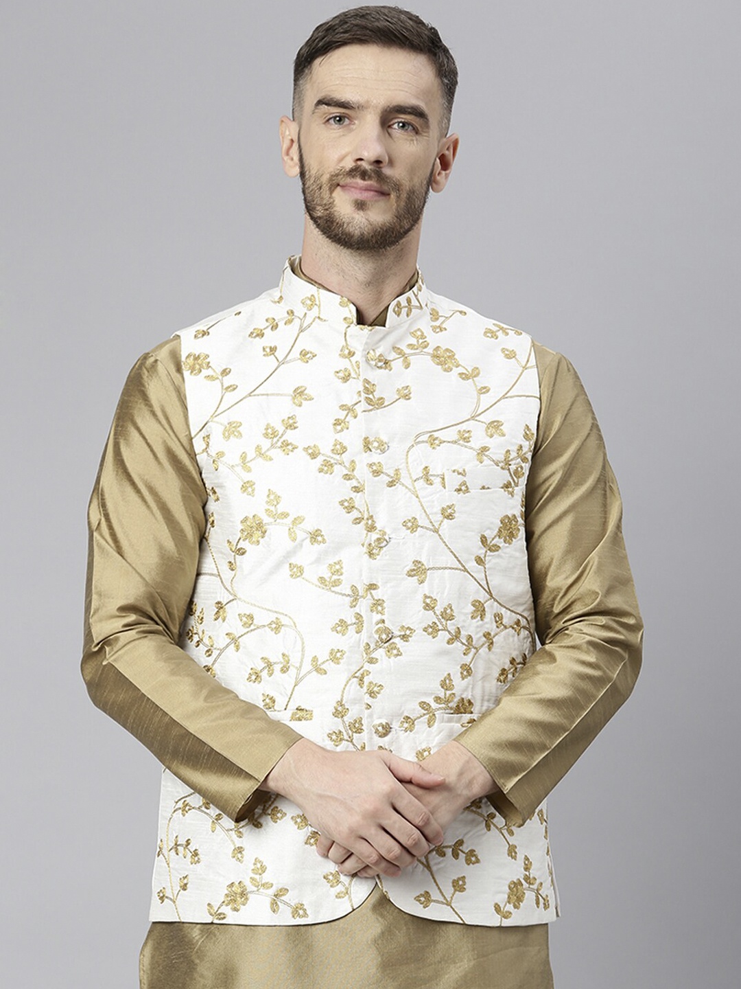 Hangup Men White & Gold-Coloured Embroidered Woven Nehru Jacket
