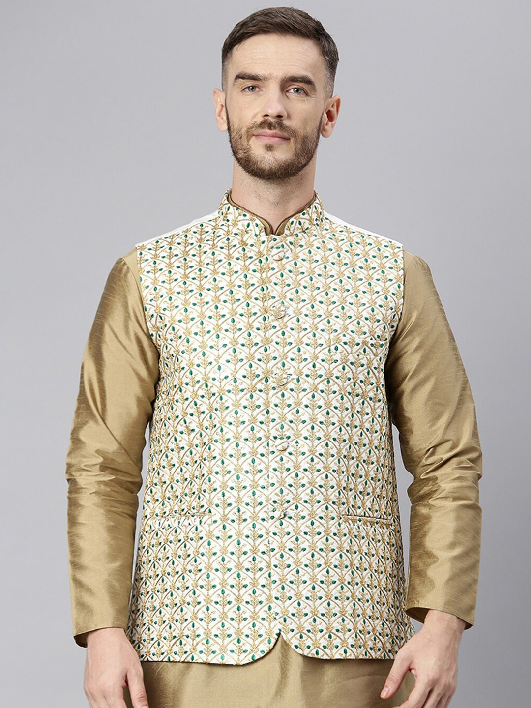 

Hangup Men White & Gold-Coloured Embroidered Woven Nehru Jacket