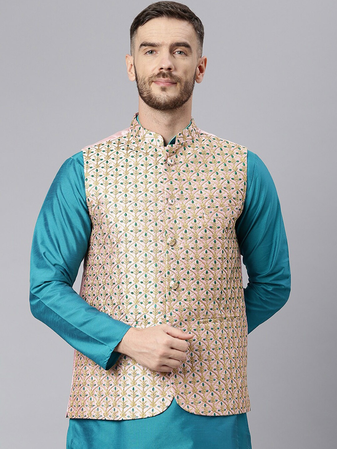 Hangup Men Pink & Gold-Coloured Embroidered Woven Nehru Jacket
