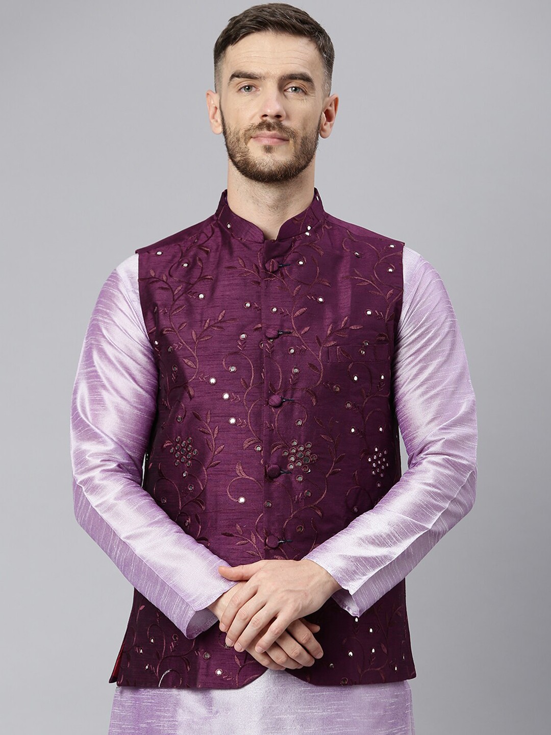 

Hangup Men Purple Embroidered Woven Nehru Jacket