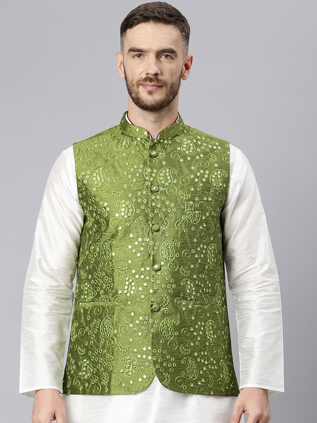 

Hangup Men Green Embroidered Woven Nehru Jacket