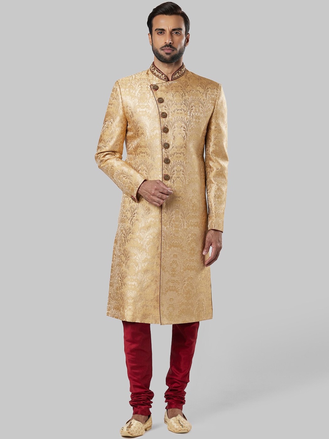 

ETHNIX Men Gold & Maroon Sherwani Set