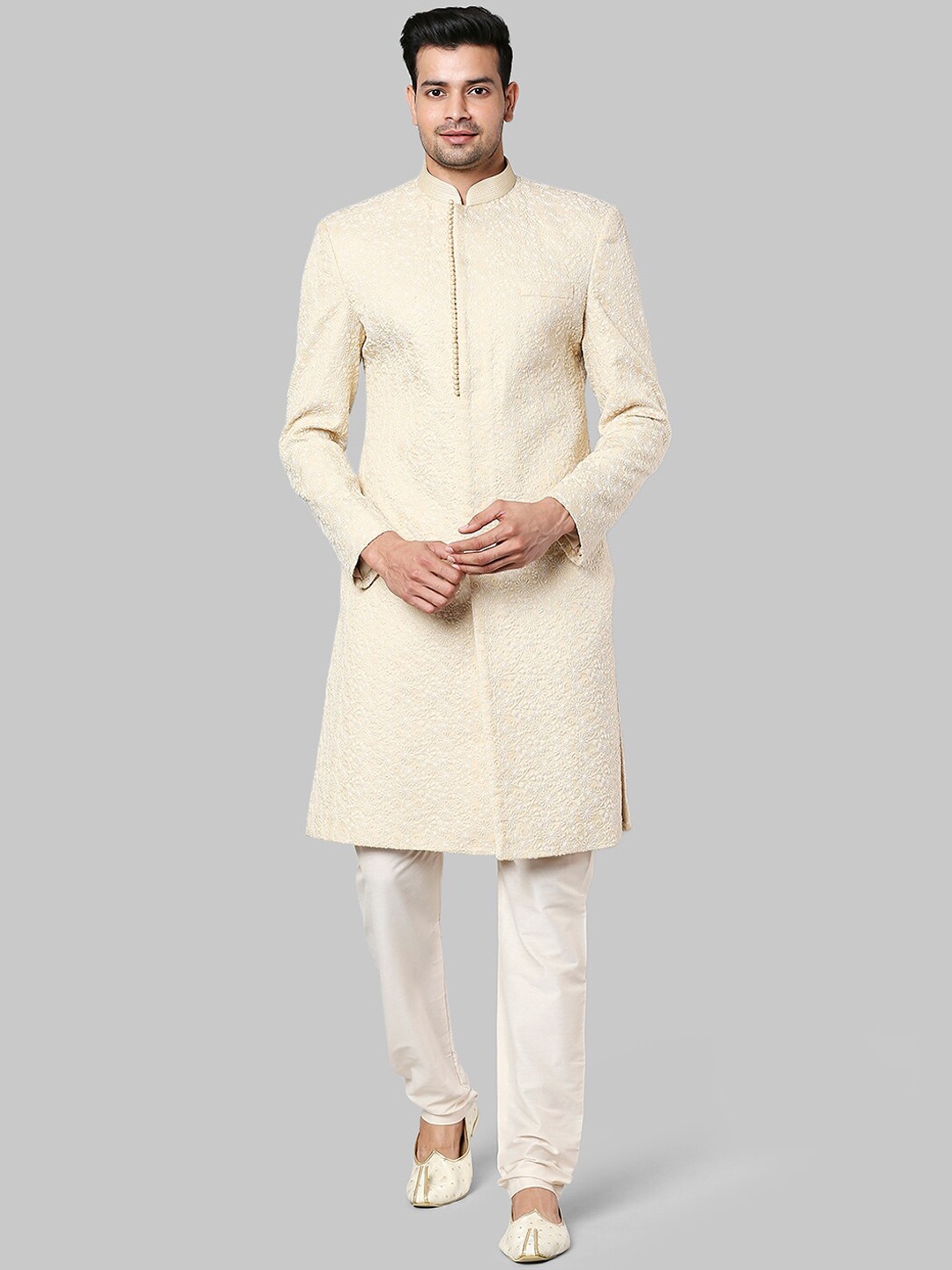 

ethnix Men Beige & Off-White Self-Design Sherwani Set