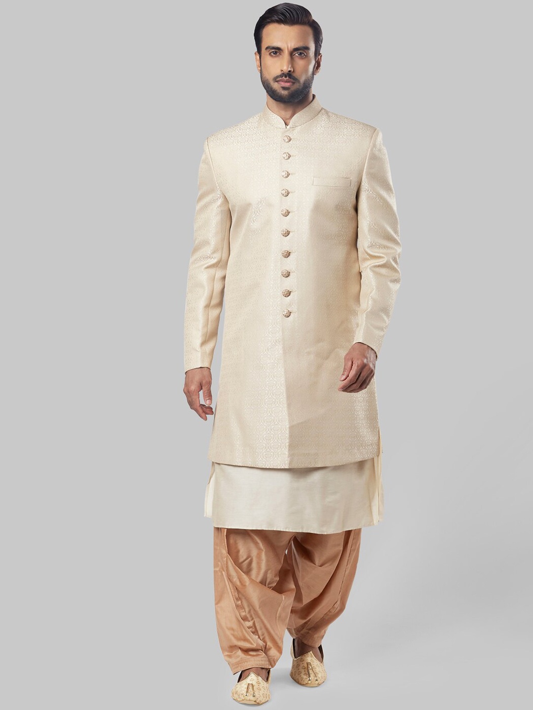 

Ethnix Men Off-White & Gold Indo Western Sherwani Set