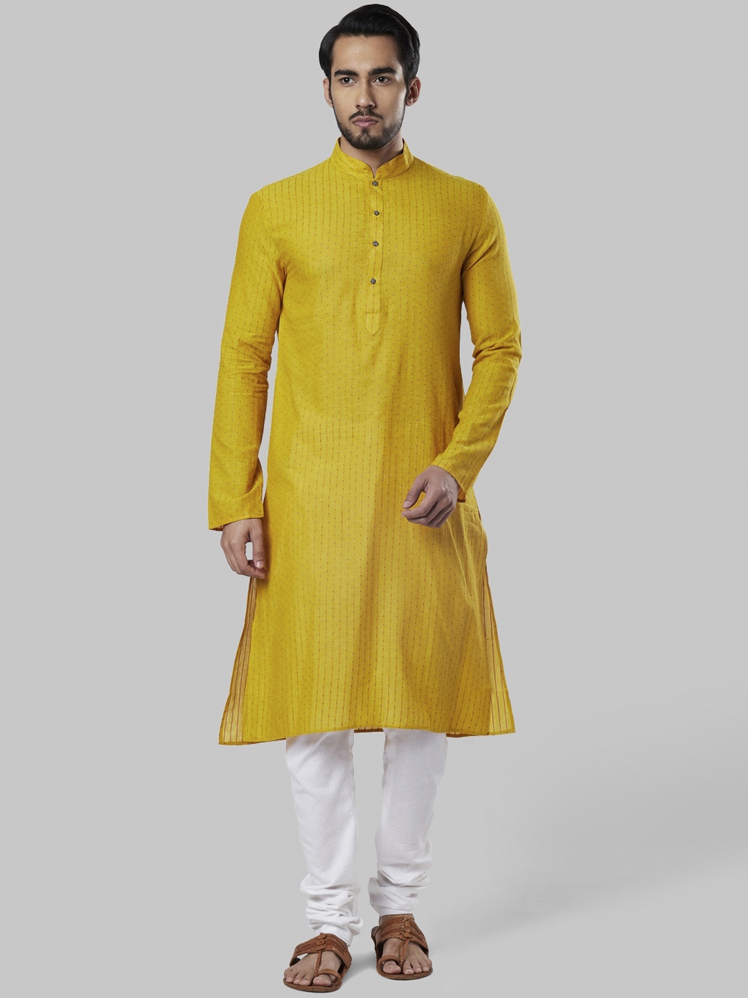 

Ethnix by Raymond Men Yellow Red Woven Design Thread Work A-line Kurta