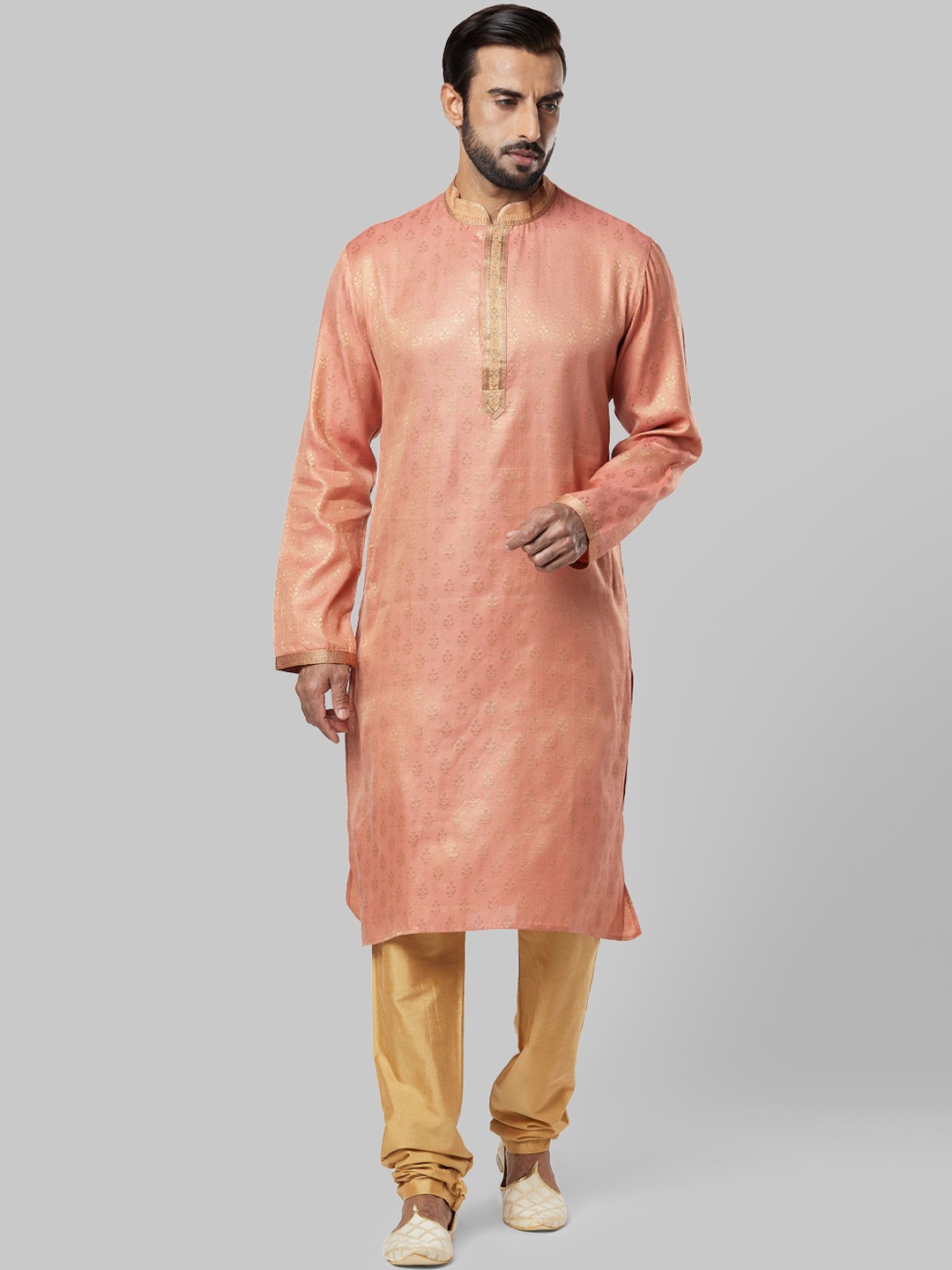 

Ethnix by Raymond Men Peach Printed Thread Work Kurta