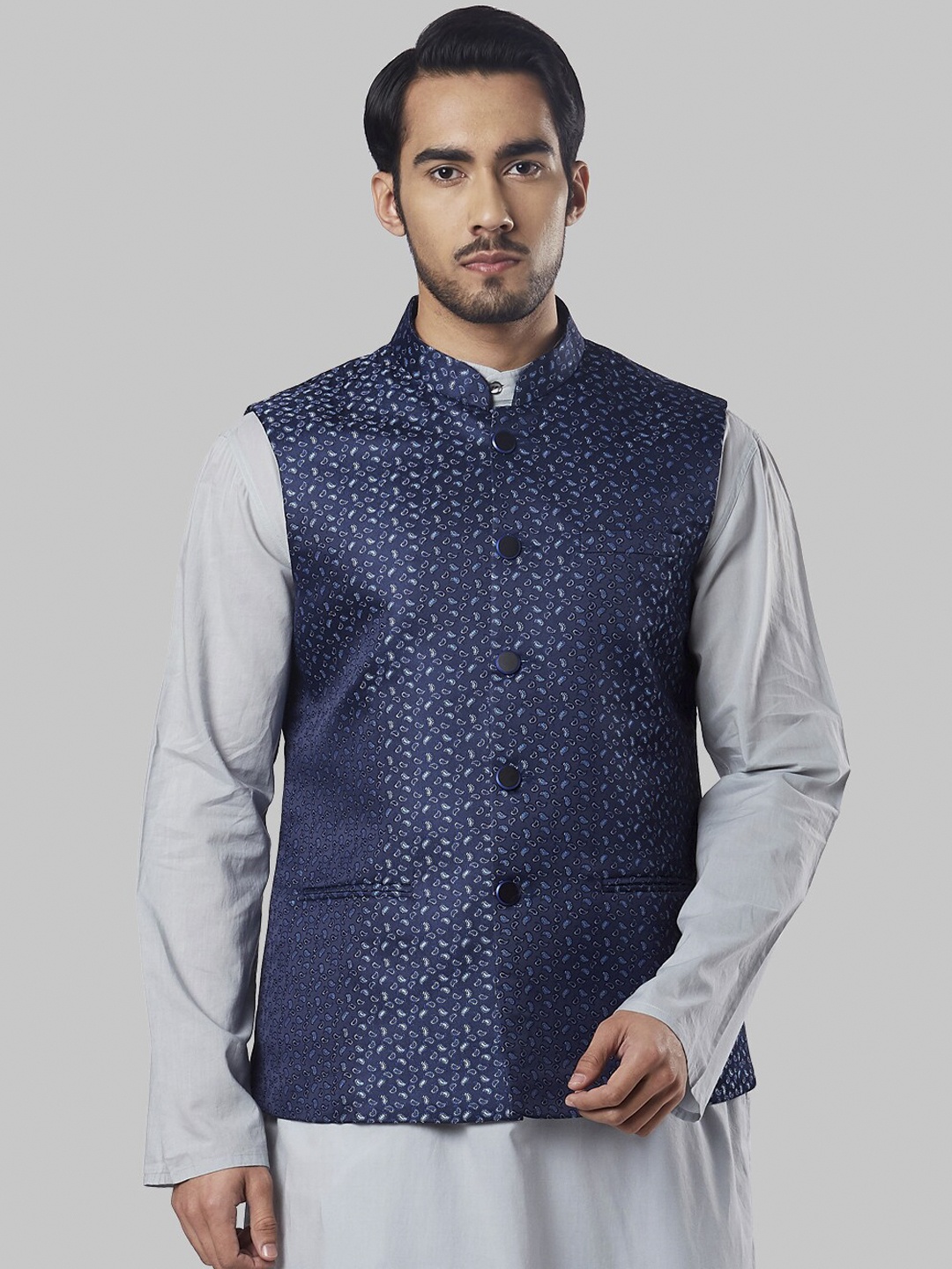 

Ethnix by Raymond Men Blue Printed Corduroy Nehru jacket