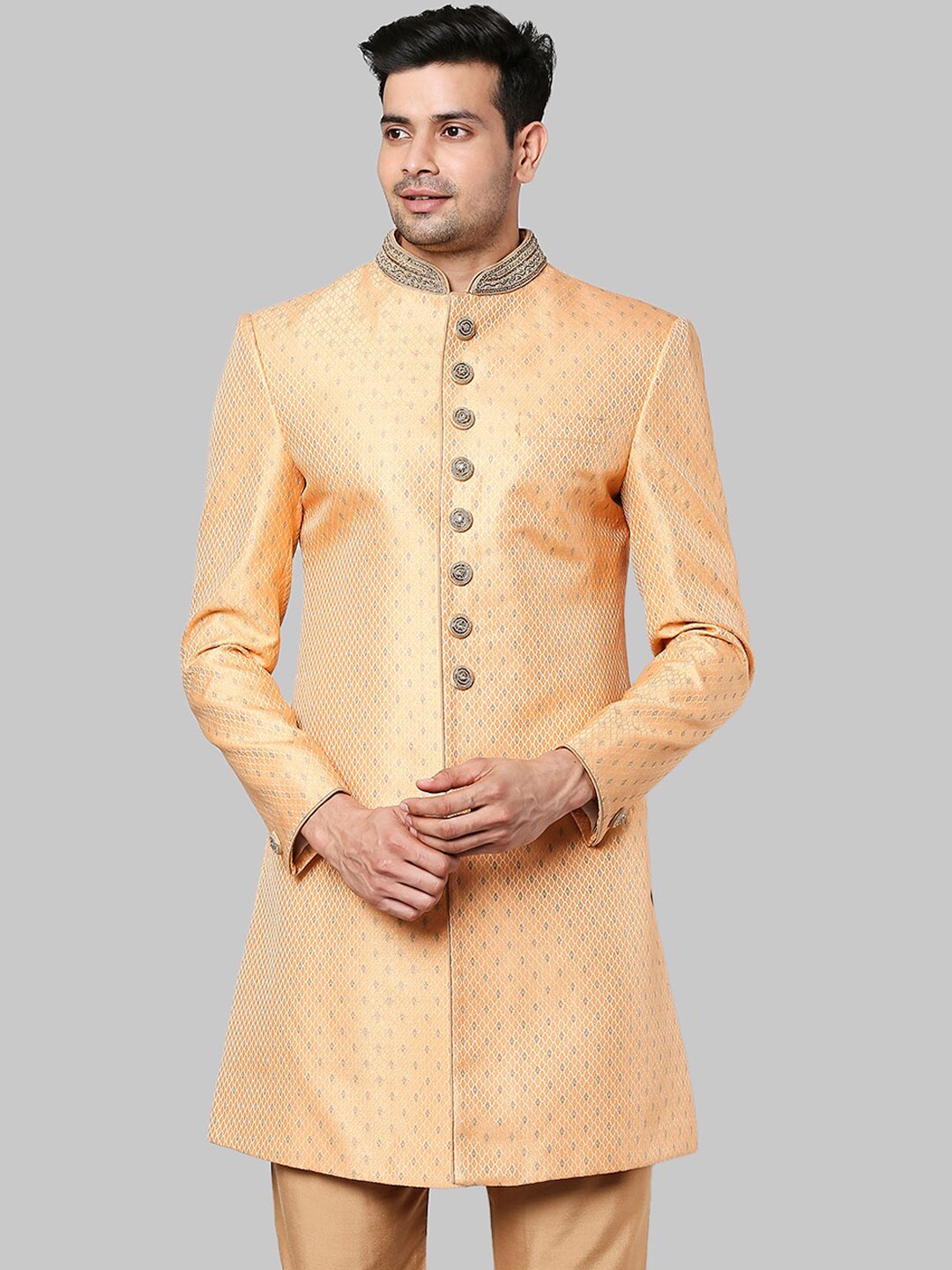 

Ethnix by Raymond Men Peach Gold Geometric Printed Sherwani Set