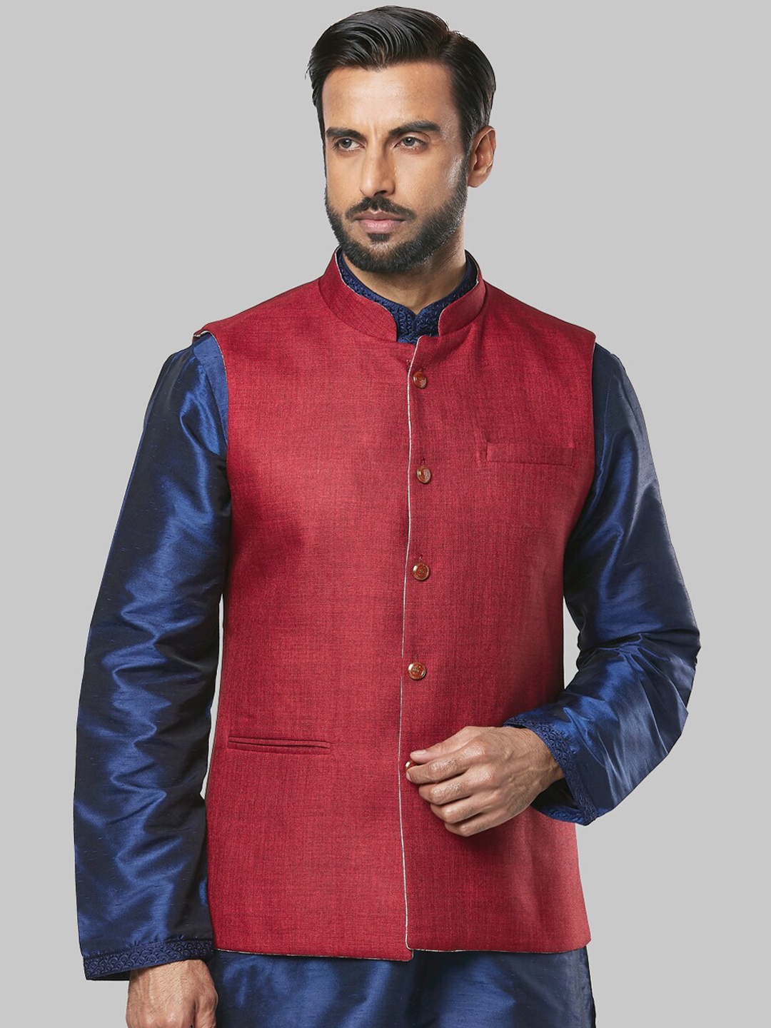 

Ethnix by Raymond Men Red Solid Corduroy Nehru Jacket