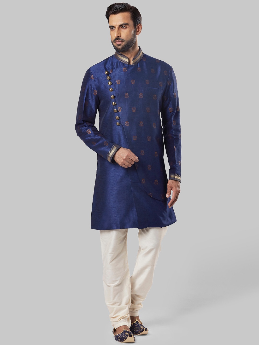 

Ethnix by Raymond Men Blue Brown Ethnic Motifs Woven Design Kurta