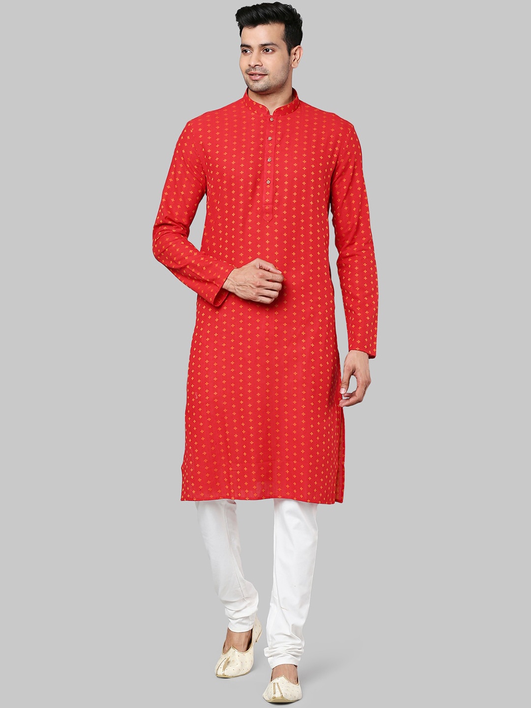 

Ethnix by Raymond Men Red Yellow Woven Design Mandarin Collar Regular Kurta