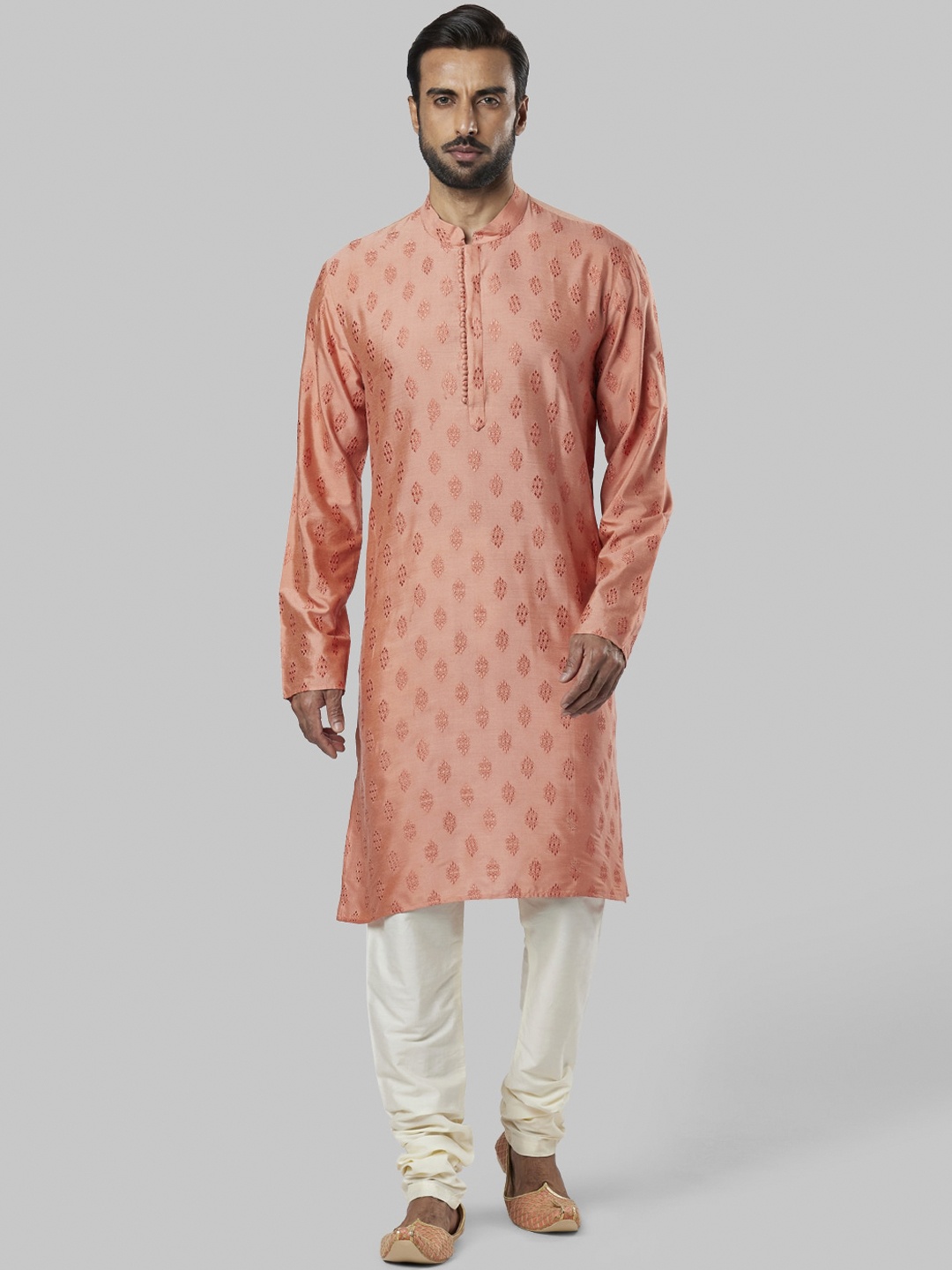 

Ethnix by Raymond Men Peach-Coloured Ethnic Motifs Embroidered Kurta