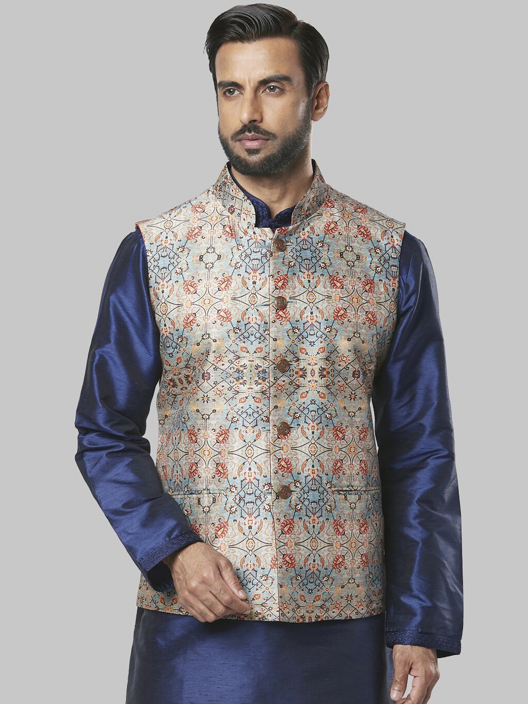 

Ethnix by Raymond Men White Brown Woven Design Nehru Jacket