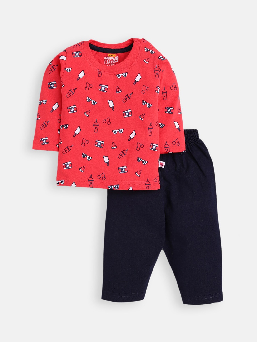 

AMUL Kandyfloss Unisex Kids Pure Cotton Red Graphic Night Suit