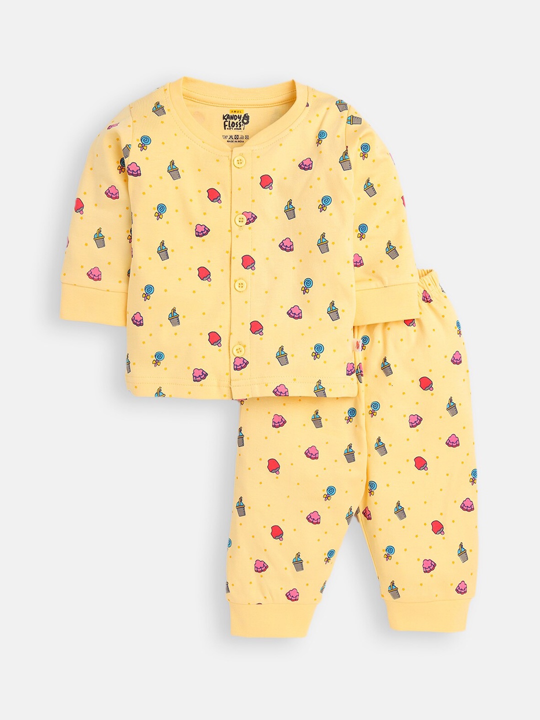 

AMUL Kandyfloss Unisex Kids Yellow Pure Cotton Graphic Night Suit