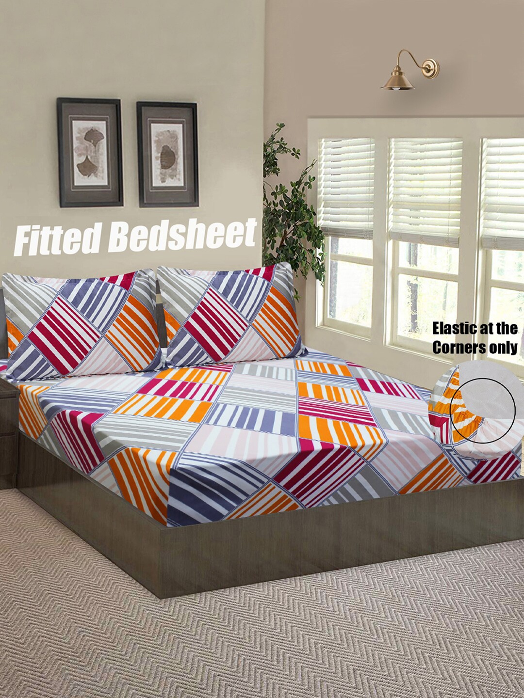 

Good Homes by Home Candy White & Grey Striped 144 TC Queen Bedsheet with 2 Pillow Covers