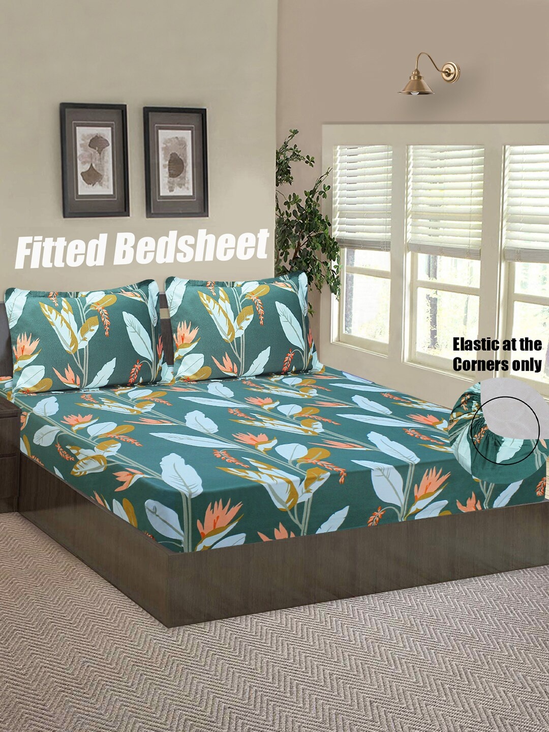 

Good Homes by Home Candy Green & Pink Floral 144 TC Queen Bedsheet with 2 Pillow Covers