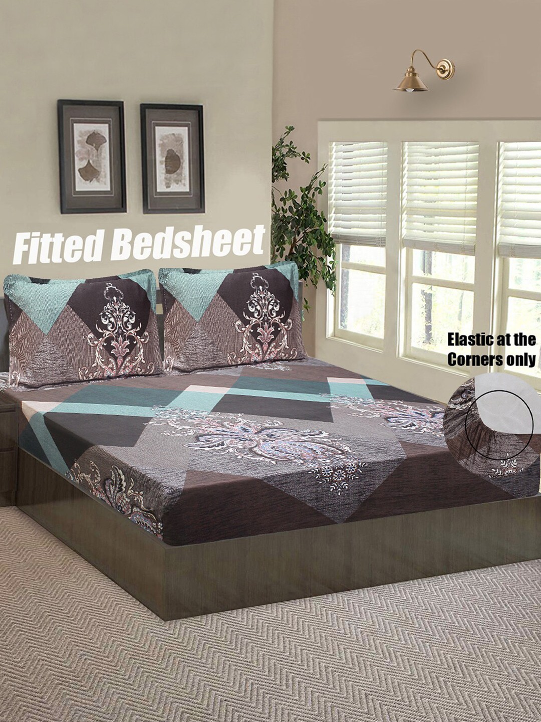 

Good Homes by Home Candy Brown & Turquoise Blue Ethnic Motifs 144 TC Queen Bedsheet with 2 Pillow Covers