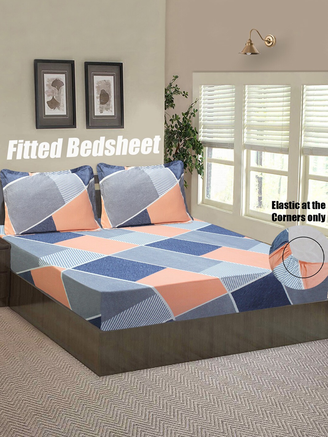 

Good Homes by Home Candy Orange & Blue Geometric 144 TC Queen Bedsheet & 2 Pillow Covers