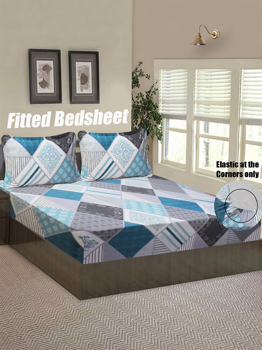 

Good Homes by Home Candy Grey & Blue Geometric 144 TC Queen Bedsheet with 2 Pillow Covers