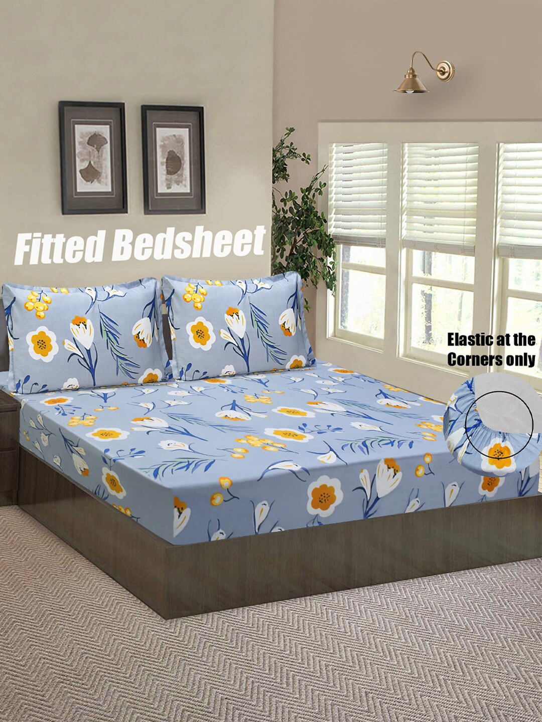 

Good Homes by Home Candy Blue & Yellow Floral 144 TC Queen Bedsheet with 2 Pillow Covers