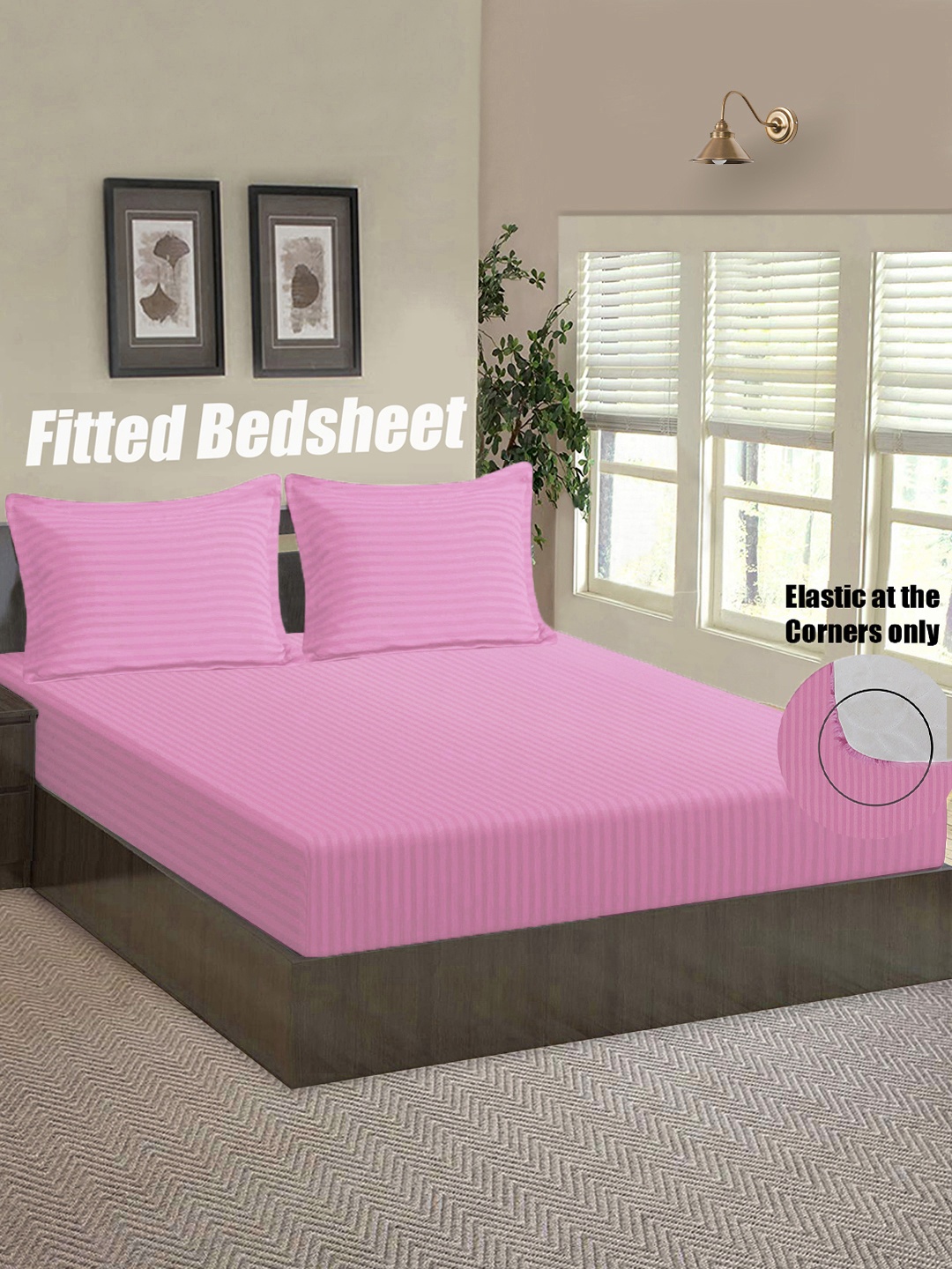 

Good Homes by Home Candy Pink Sateen Striped 144 TC Queen Bedsheet with 2 Pillow Covers