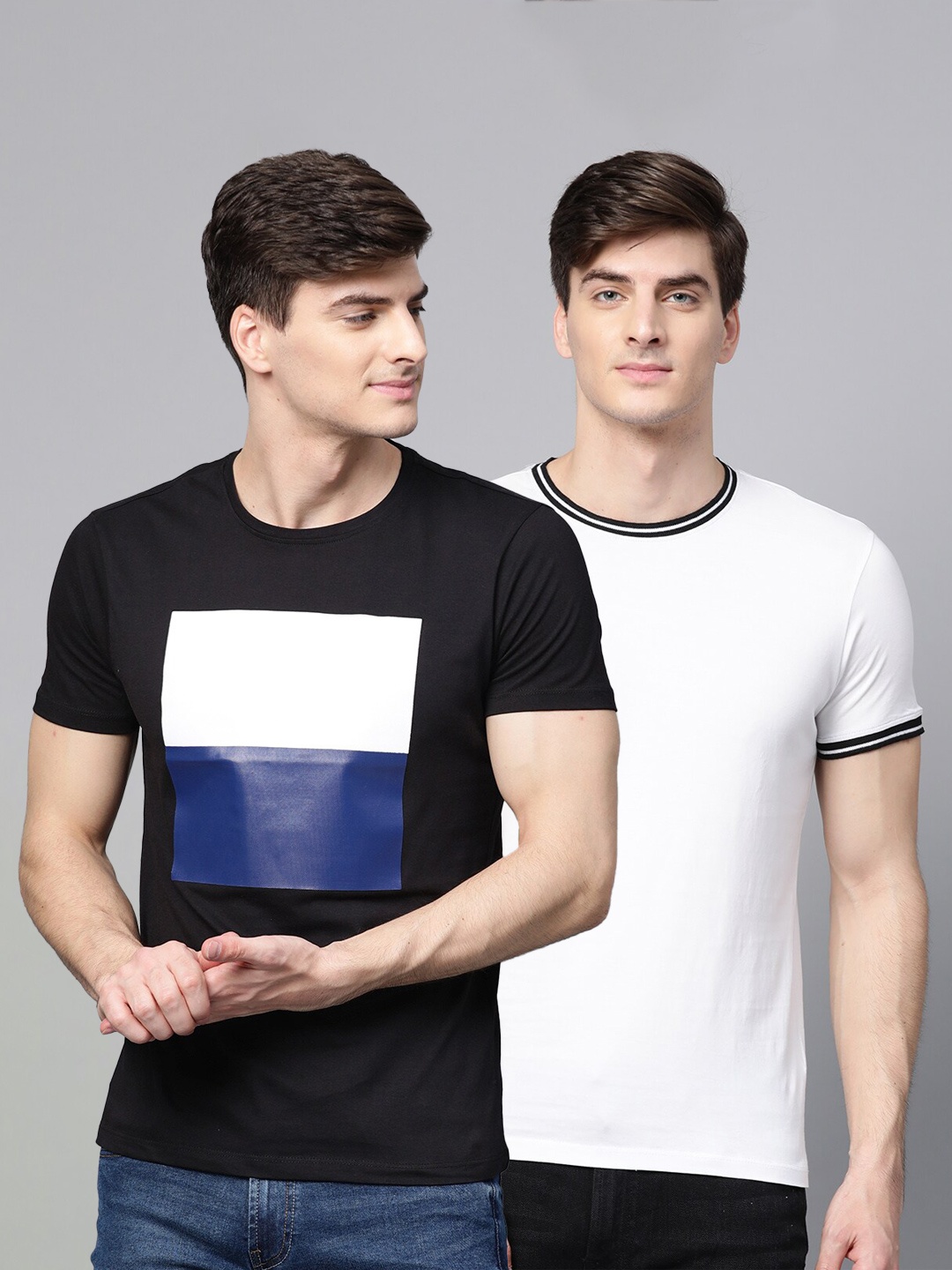

ManQ CASUAL Men Pack of 2 Black & White Printed Slim Fit T-shirt