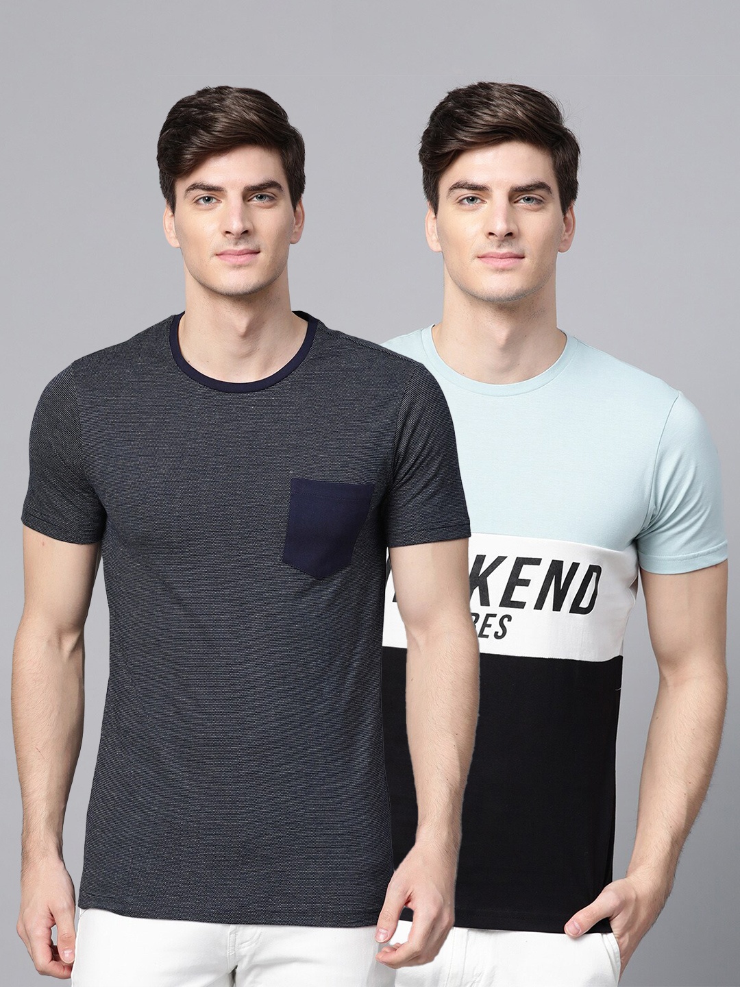 

ManQ CASUAL Men Black & Blue Set Of 2 Slim Fit T-shirt