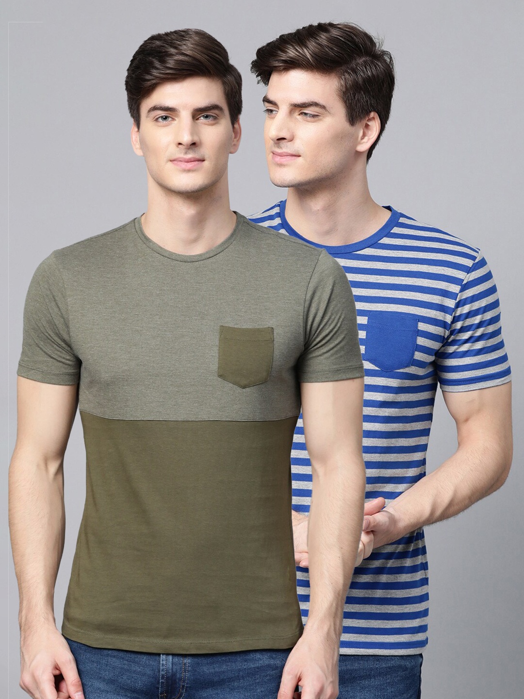 

ManQ CASUAL Men Pack Of 2 Green & Blue Slim Fit T-Shirts With Pocket Detailing