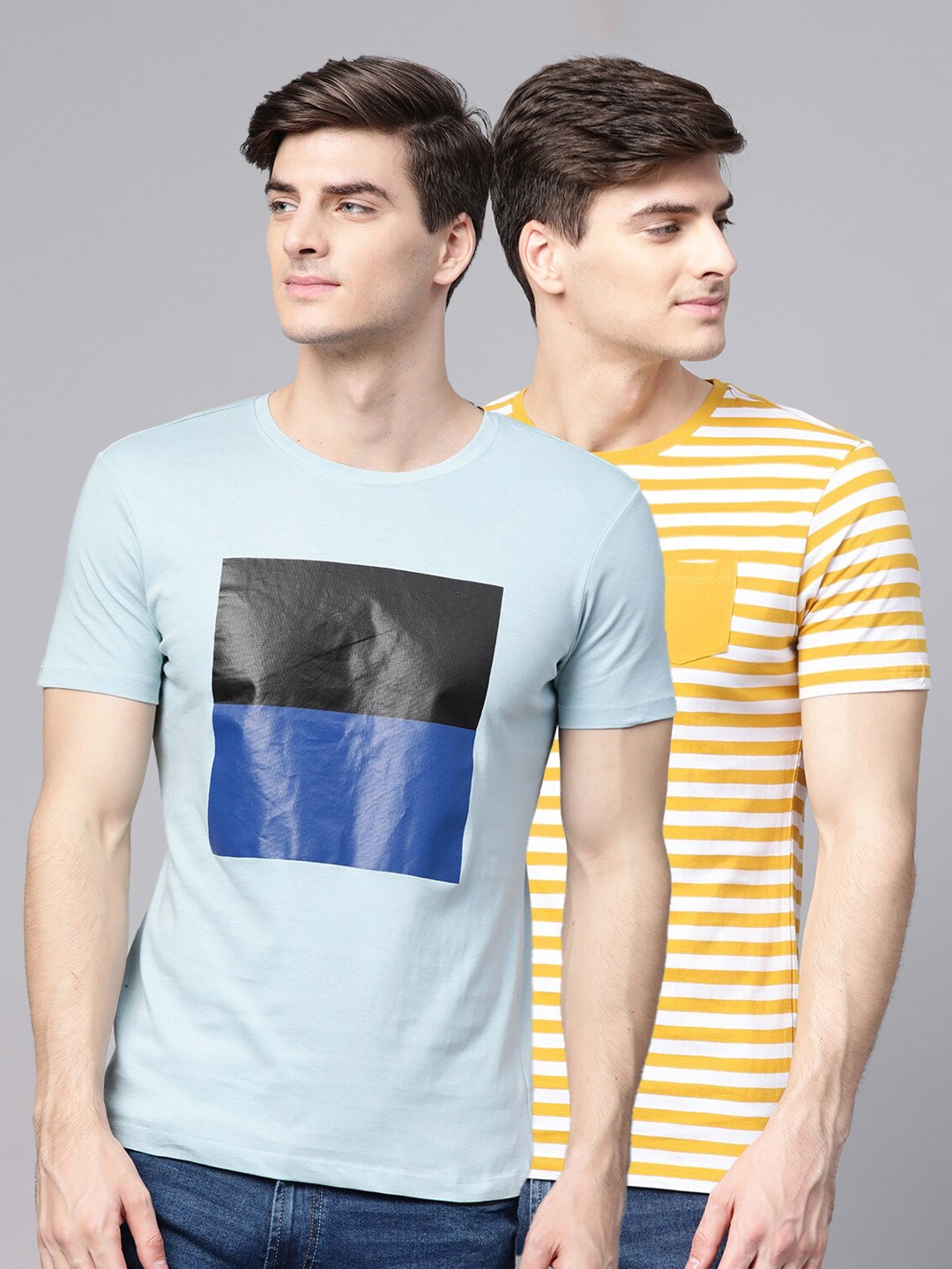 

ManQ CASUAL Men Pack of 2 Striped Round Neck Pockets Slim Fit T-shirt, Multi