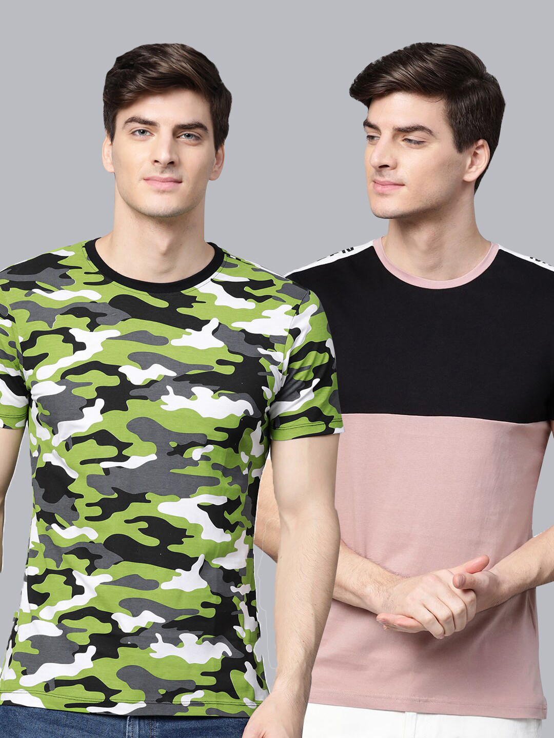 

ManQ CASUAL Men Pack of 2 Green & Peach-Coloured Camouflage Printed Pockets Slim Fit T-shirt