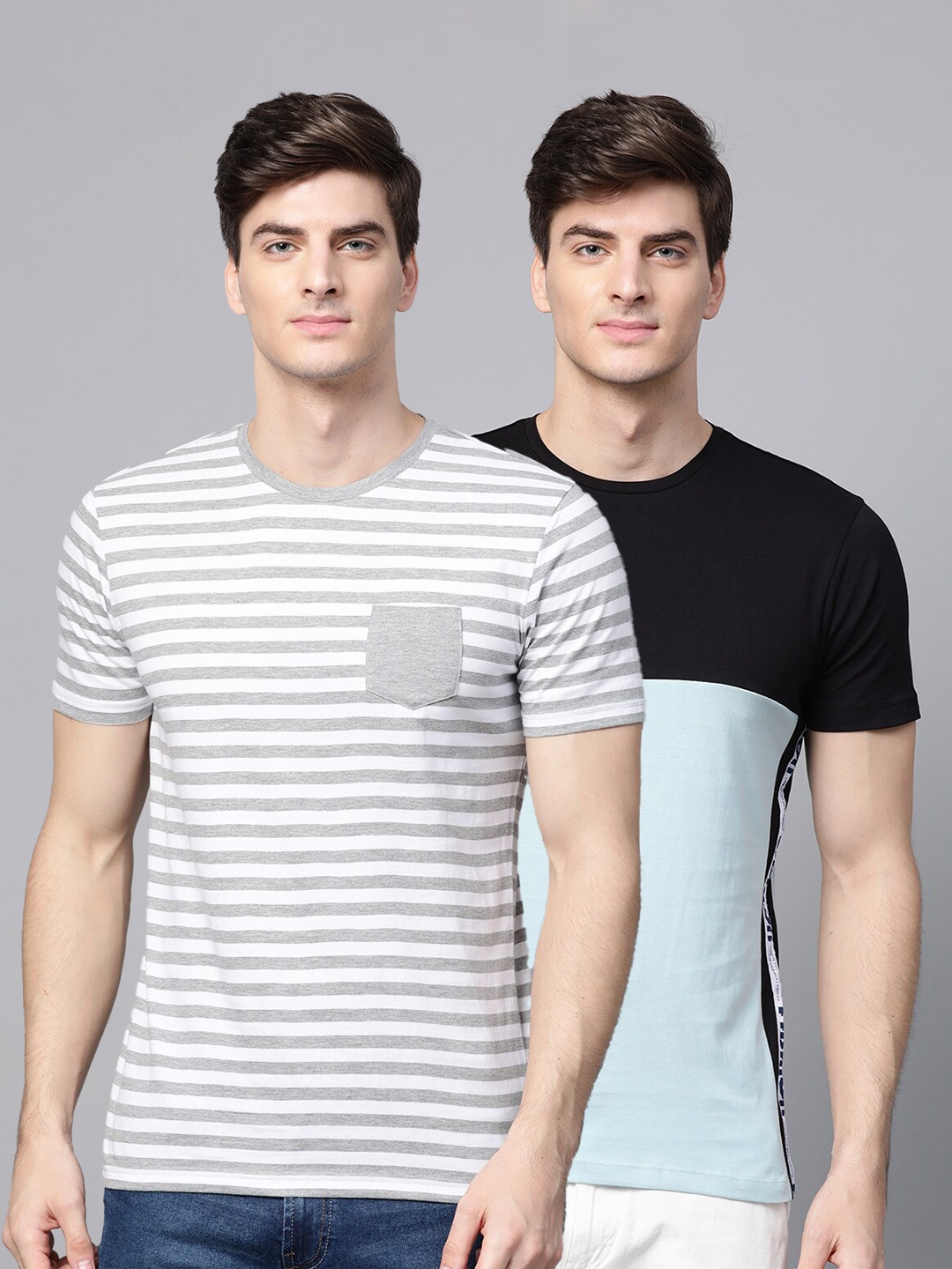 

ManQ CASUAL Men Pack of 2 Multicoloured Striped Slim Fit T-shirts, Multi