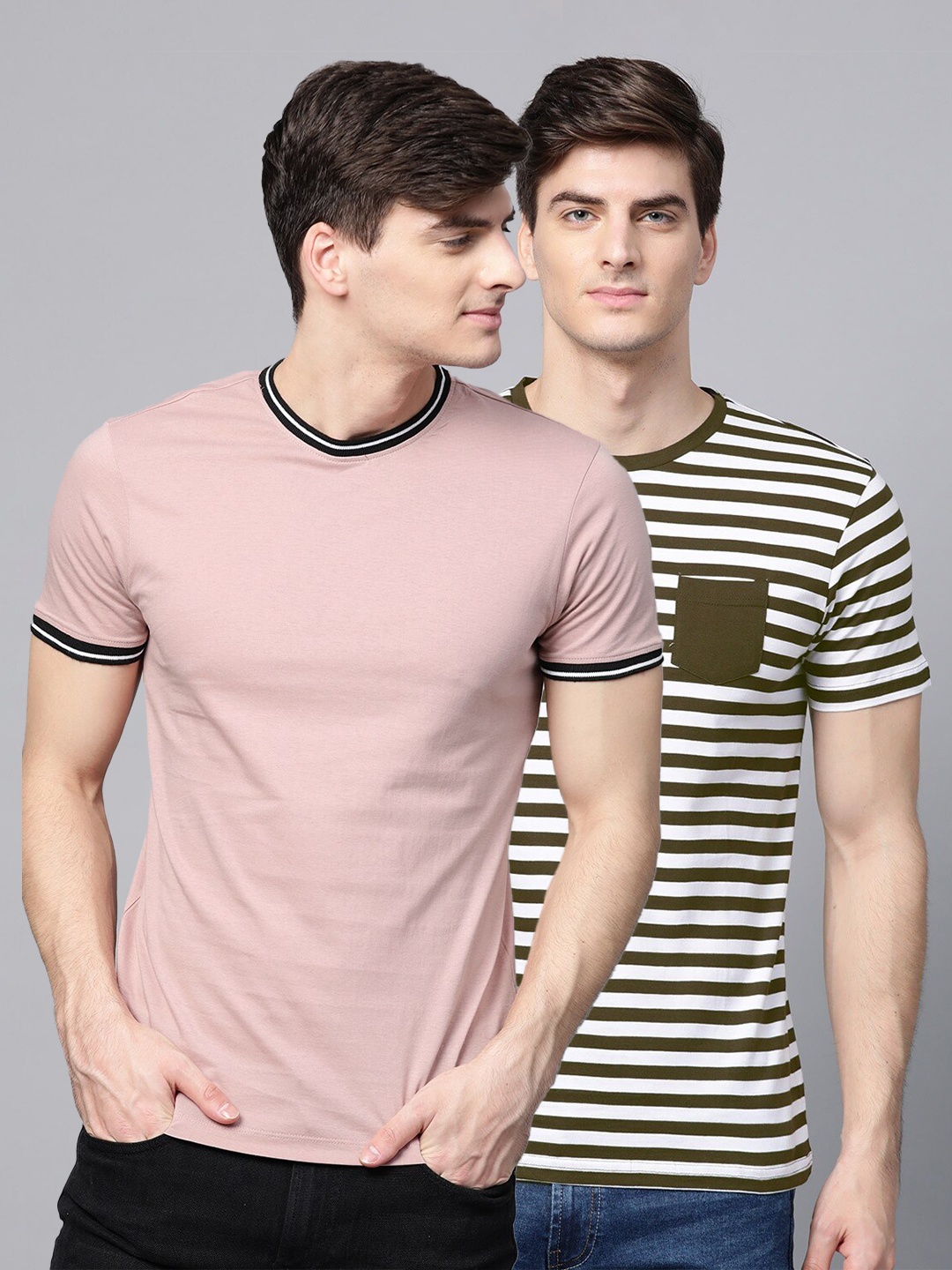 

ManQ CASUAL Men Pack of 2 Striped Pockets Slim Fit T-shirt, Multi