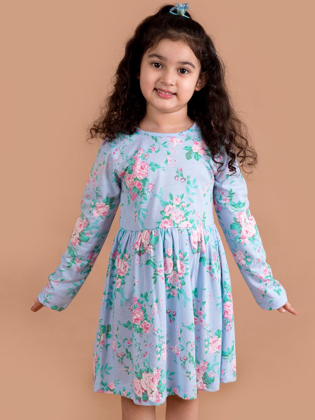 

pspeaches Girls Blue & Pink Floral Printed A-Line Dress