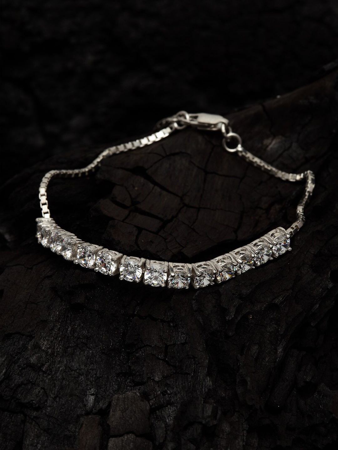 

Clara Women Silver-Toned & White CZ-Studded Sterling Silver Rhodium-Plated Charm Bracelet