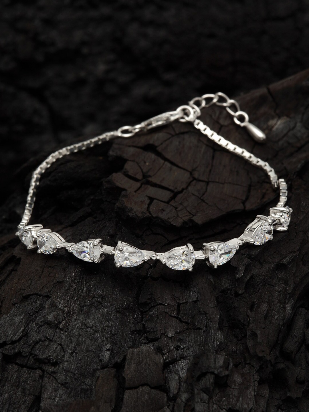 

Clara Women Silver-Toned & White CZ-Studded Sterling Silver Rhodium-Plated Charm Bracelet