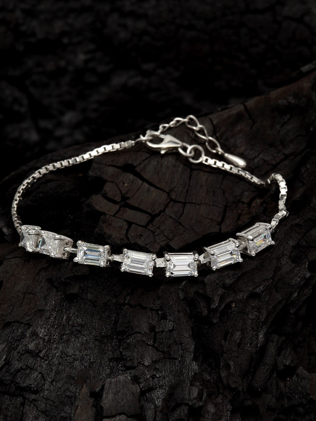 

Clara Women Silver-Toned & White CZ-Studded Sterling Silver Rhodium-Plated Charm Bracelet