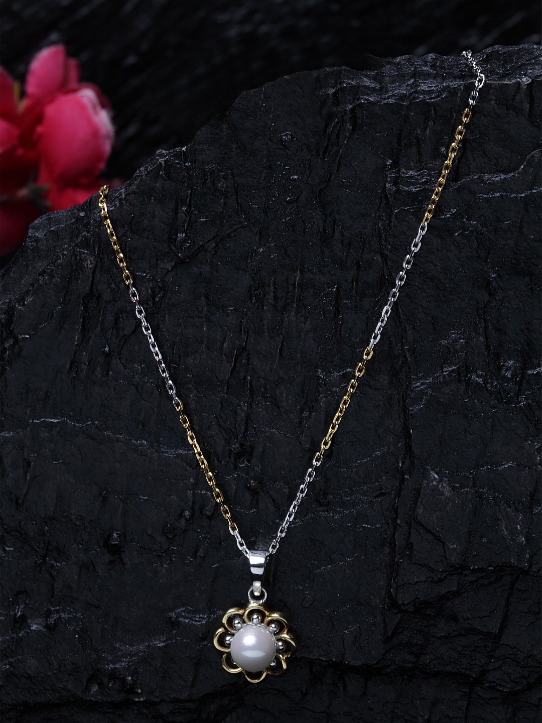 

CLARA Silver & Gold-Toned Rhodium Plated Lotus Pearl Chain Pendant