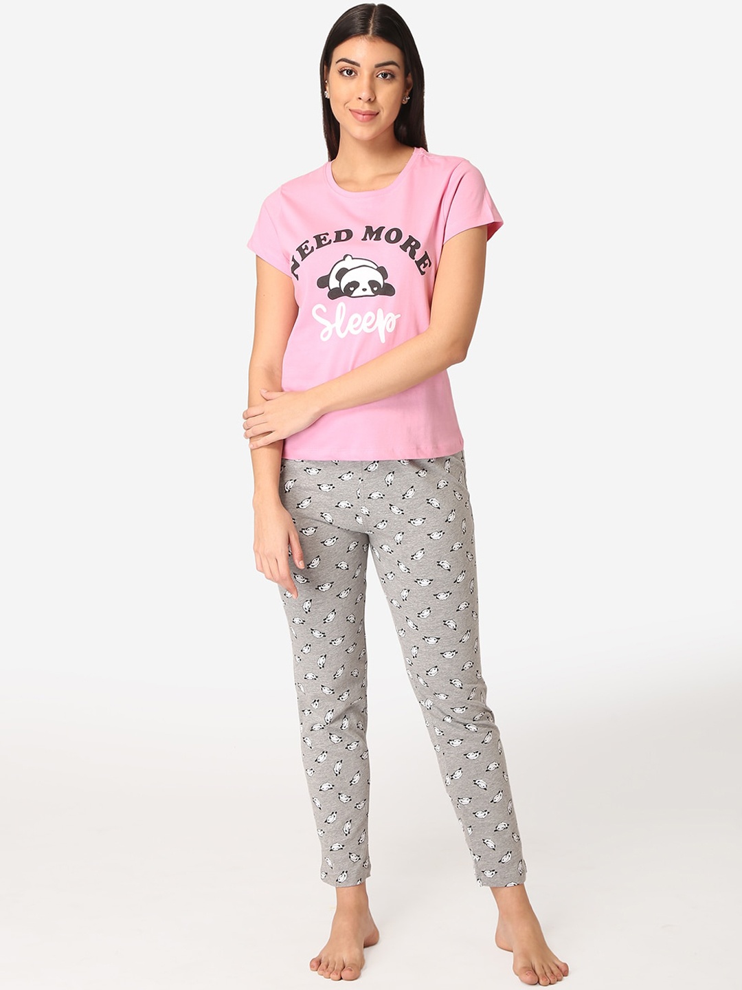 

Lounge Dreams Women Pink & Grey Printed Night Suit