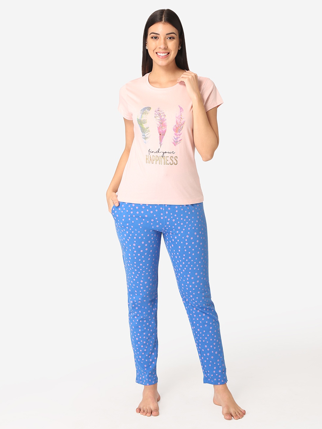 

Lounge Dreams Women Pink & Blue Printed Pure Cotton Night suit