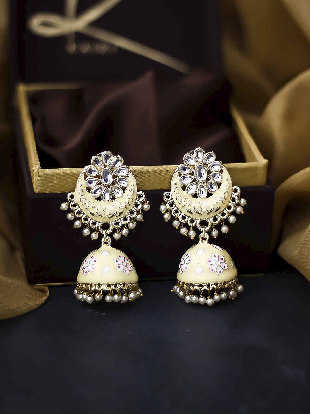 

Bellofox Beige Toned & Gold-Plated Contemporary Handcrafted Jhumkas Earrings