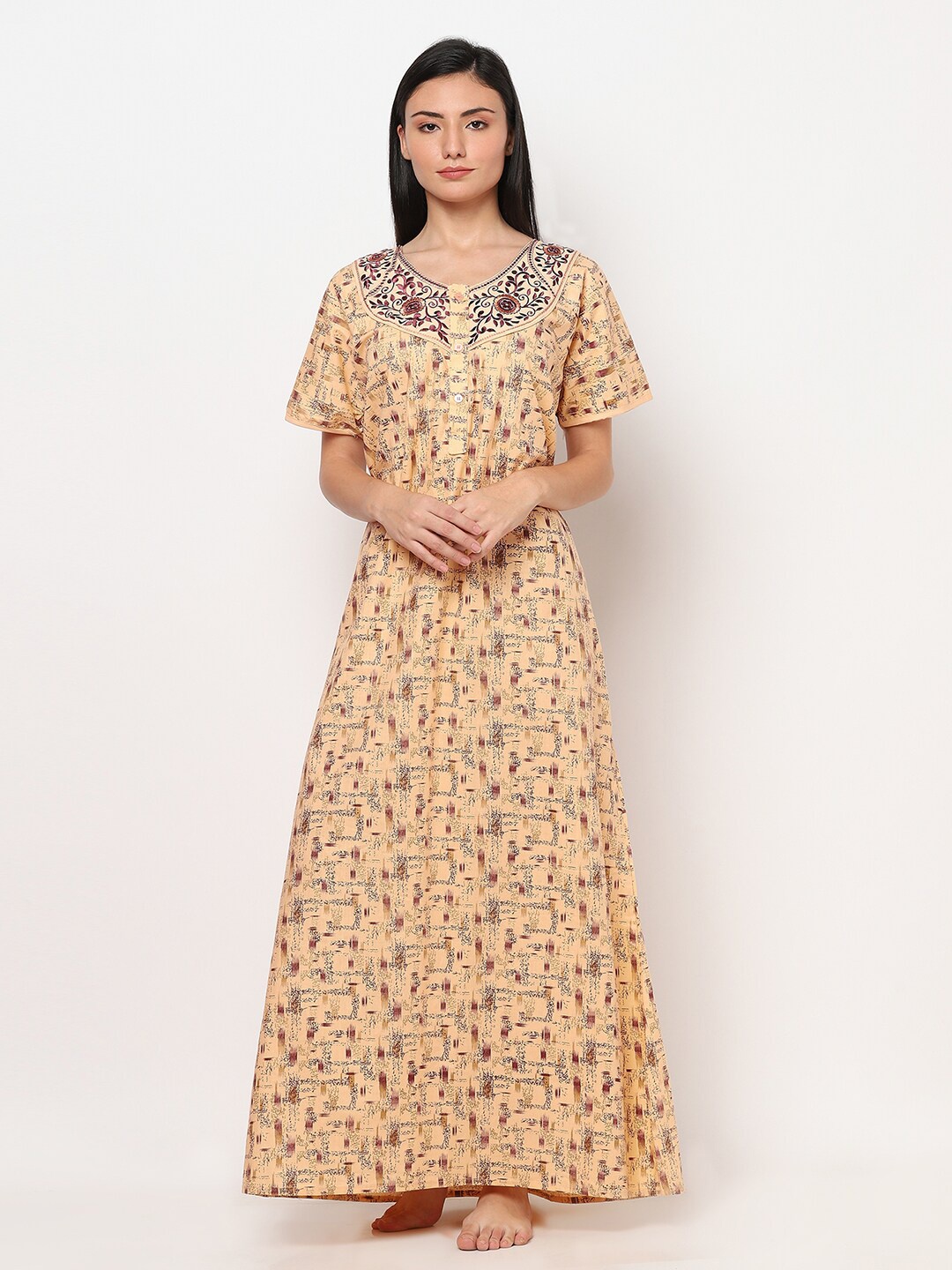 

TRUNDZ Beige Printed Maxi Nightdress