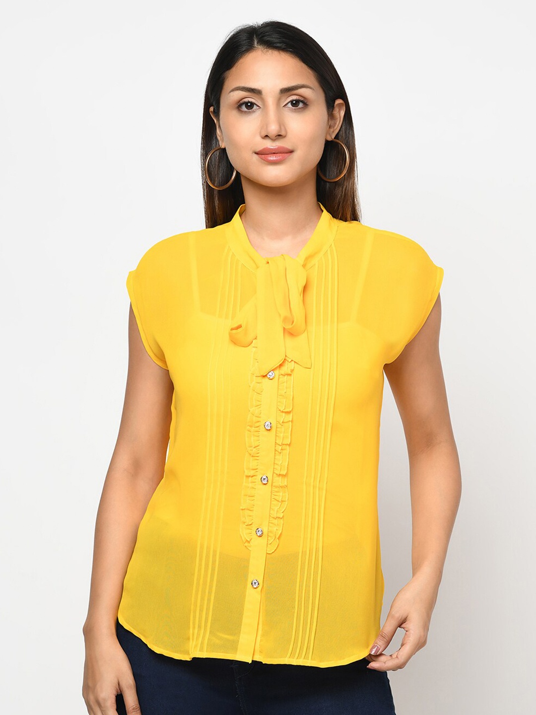 

Purple State Yellow Mandarin Collar Georgette Pinter Shirt Style Top