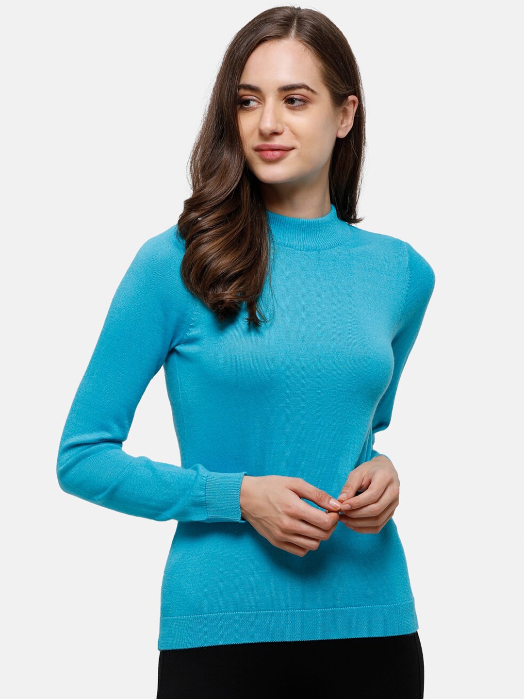 

98 Degree North Women Blue Solid Pure Cotton Pullover Sweater