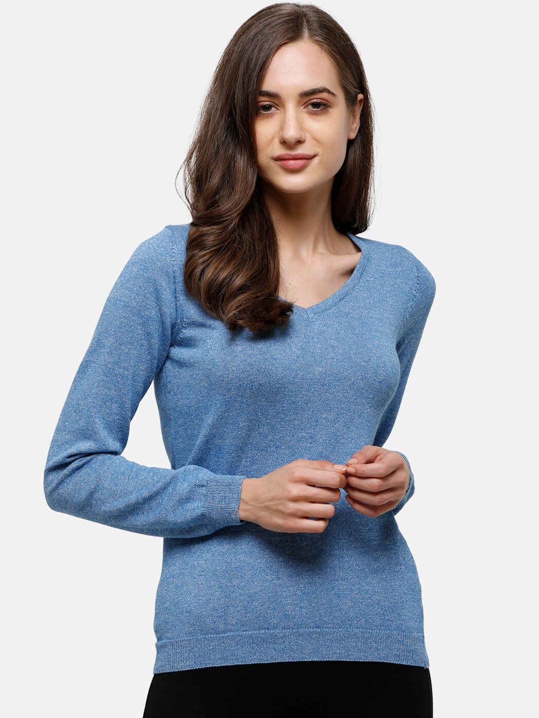 

98 Degree North Women Blue Solid Pure Cotton Pullover Sweater