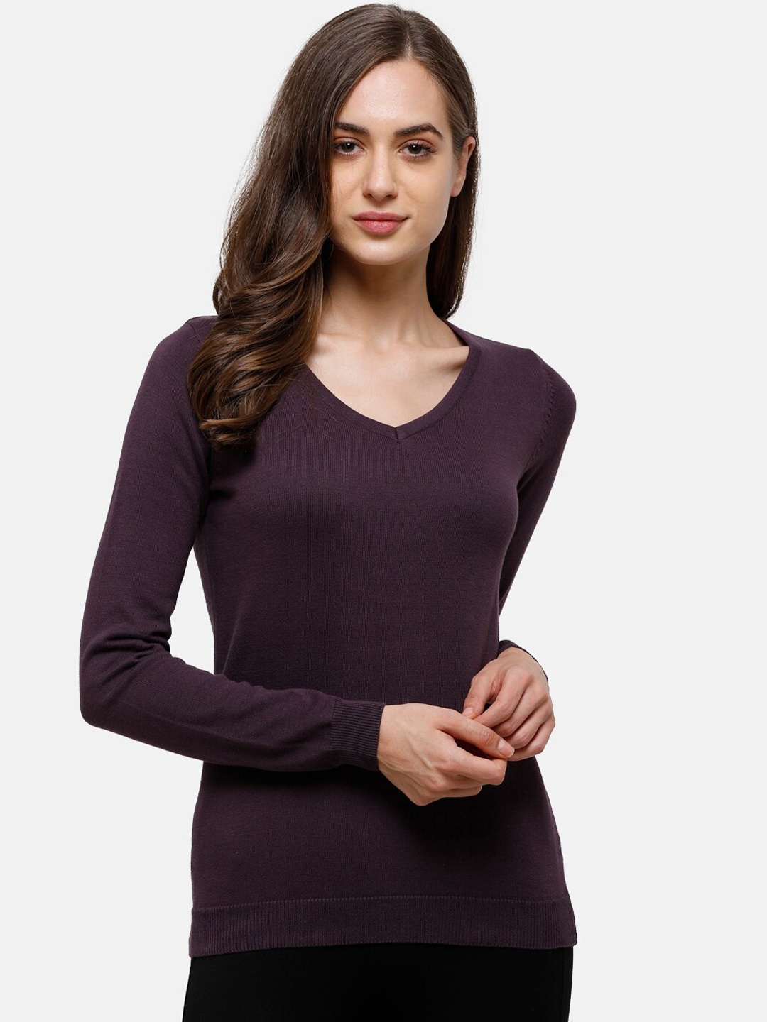 

98 Degree North Women Purple Solid Pure Cotton Pullover Sweater